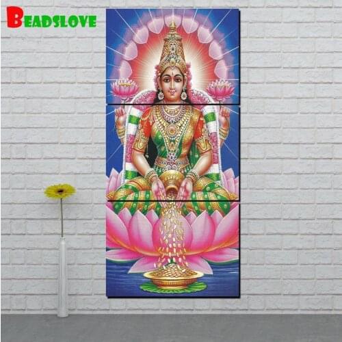 Diamond painting full square round Peaceful Lakshmi God Canvas Painting Decoration Home 3 PIECES diamond embroidery