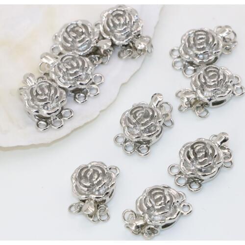 Charms 3 rows rose flower shape 10mm 5pcs clasps hook for necklace&bracelet silver plated accessories diy jewelry findings B2856