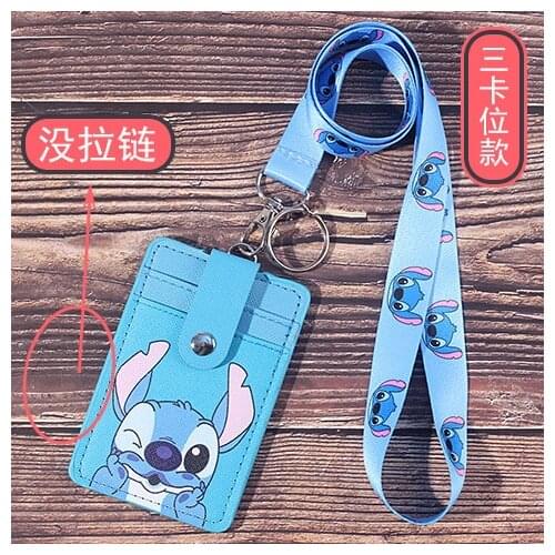 Disney Stitch cartoon pu hanging neck ID Mickey card bag bus card bag lanyard girl boy card holder meal card subway card set