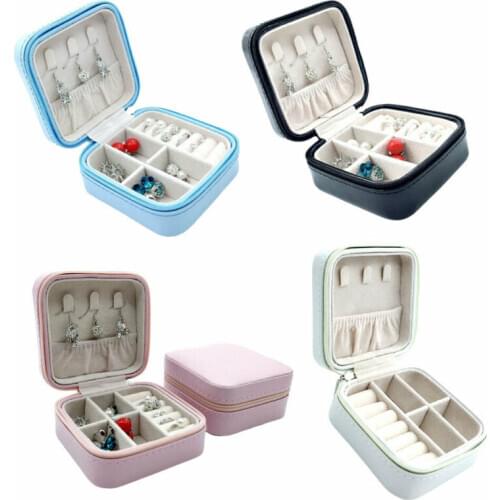 Travel Jewelry Storage Case Solid PU Leather Earrings Rings Zipper Box Organizer