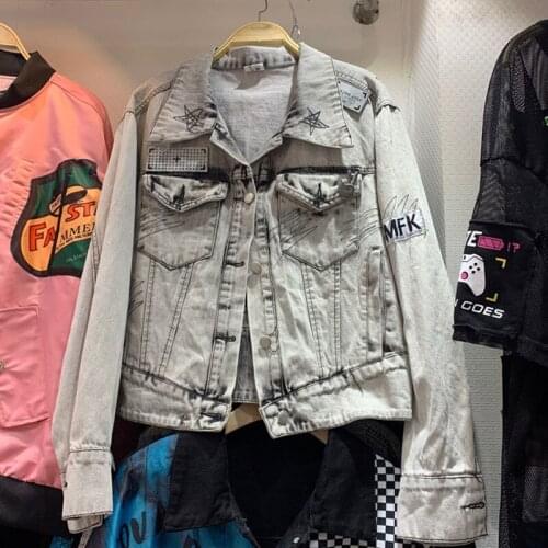 Denim Womens Spring Autumn Embroidered Graffiti Slim Lapel Long SleeveFashion Cardigan Short Denim Jacket Coat women Y745