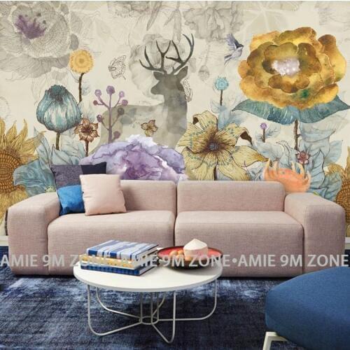 Tuya art wall paper vintage flowers and elk deer design wallpapers mural on the wall living room sofa background