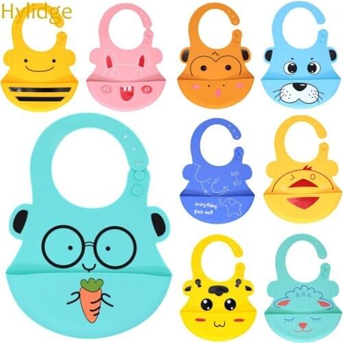 Hylidge 2020 Infant Cartoon Silicone Bib Waterproof Baby Toddler Feeding Bibs 12 Colors Large Toddler Bib Adjustable Baby Bib