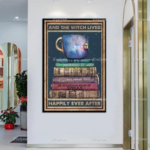 And She Lived Happily Ever After Poster, Black Cat Print & Wicked Witch Prints, Halloween Witch Wall ArtCanvas,Home Decor Gift