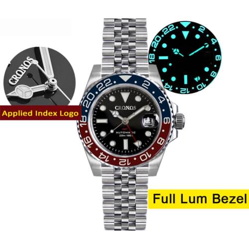 Cronos Water Ghost GMT Automatic Men Watch Bidirectional Bezel Sapphire 20ATM Jubilee Bracelet BGW-9 Lum Self Winding Mens Watch