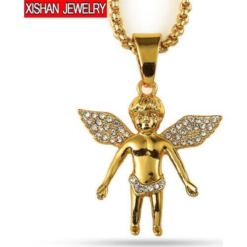 Mens hip-hop necklace gold angel pendant 80CM long chain ice rhinestone wings angel necklace