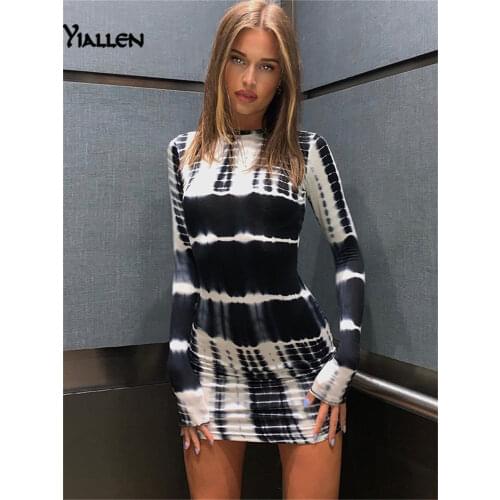 Yiallen Autumn New Printing Slim Dress Women O Neck Long Sleeve Elastic Street Casual Fashion Lady Mini Bodycon Dresses Hot