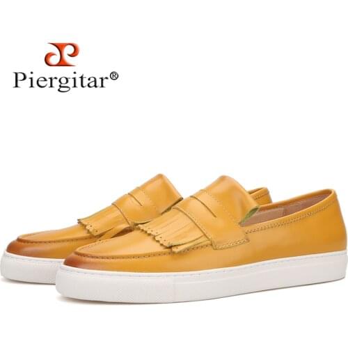 Piergitar hand-brushed yellow calfskin slip-on sneakers with fringes leather insole men loafers white bottom mens casual shoes