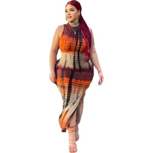 Plus Size Bohemian Style Womens Clothing Fashion Tight Sexy Tie Dye Stand Up Collar Sleeveless Vest Slit Long One Piece Dress