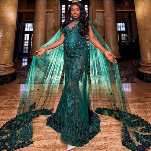 Sexy African Lace Mermaid Prom Dresses With Caftan For Black Girl See Through Shinning Evening Party Gowns Custom Made For Women