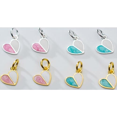 925 Sterling Silver Romantic Craftwork Pink&Blue Heart Charms Decoration Small Choker Bracelets Silver Pendants DIY Jewelry Make