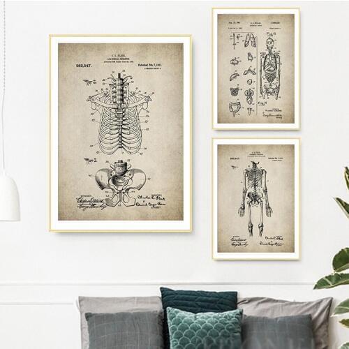 Vintage Human Anatomy Medical Posters and Prints Skeleton Patent Wall Art Canvas Painting Pictures Doctors Office Wall Decor