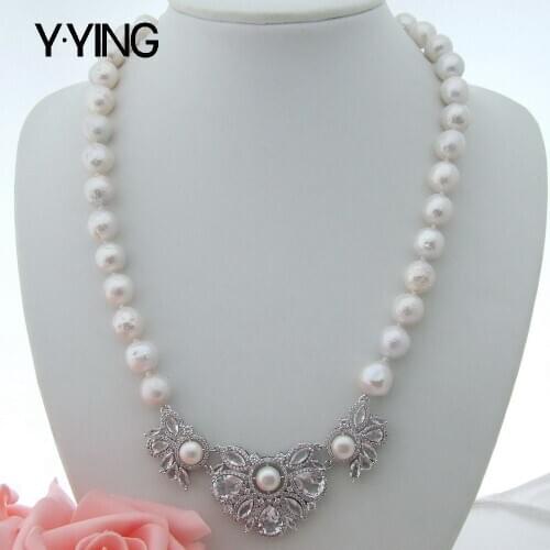 Y·YING 21'' natural Cultured White round freshwater Pearl choker Necklace cubic zirconia pave flower connector pendant