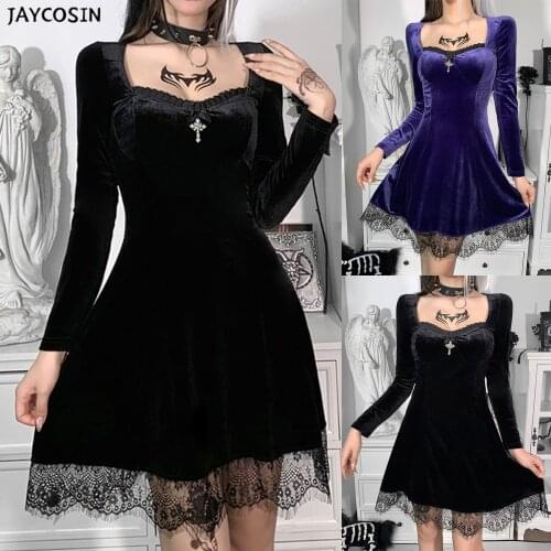 Women Black Skirt Long Sleeve Lace Splice Dress Punk Party Gothic Dress Female Spring Sleeve Bodycon T-shirt Lace Skirt Штаны