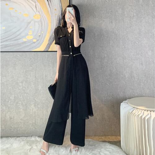 Women 2021 Spring Autumn Fashion Elegant Rompers Female Jumpsuits Short Sleeve Wide Leg Pants Casual Ladies Solid Playsuits Z358