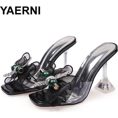 YAERNI Shoes For Women 2021 Summer Sexy Peep Toe Thin Heel Slippers Sweet Pink Green Butterfly Knot String Bead Party Slippers