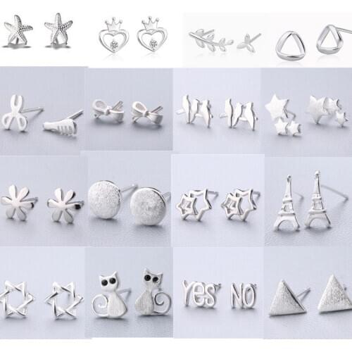 Fashion Jewelry 925 Sterling Silver Cross Star Crown Cat Heart Shape Stud Earrings For Women Jewelry pendientes oorbellen