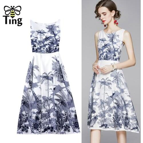 Tingfly Summer New Arrivials Vintage Landscape Print Women Casual Dress Retro Sleeveless Sundresses Vestidos Large Size 2XL Za