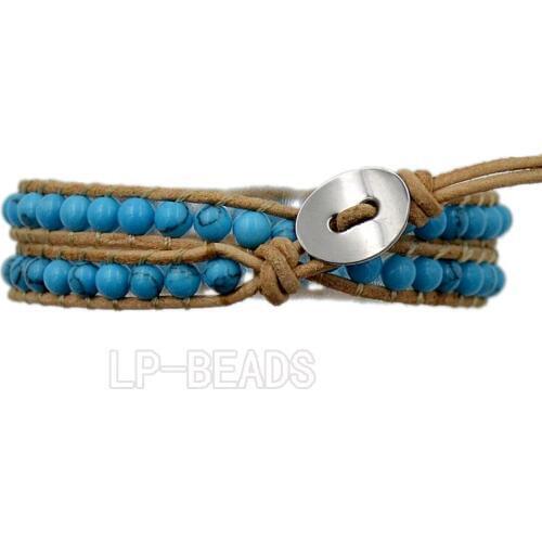 2 Wraps Blue Turquois-e Mens Womens Gem stone Wrap Genuine Leather Bangle Bracelet Beads Jewelry Wholesale 4PCS/Lot