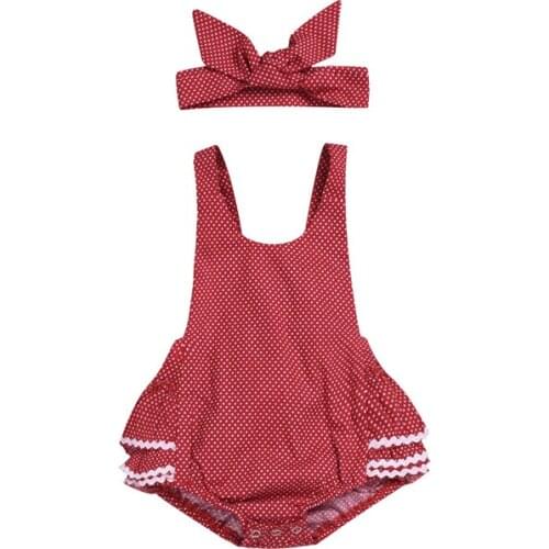 Lovely baby girls Halter Lace Cute simple style Romper Sunsuit dot Clothes Princess hair band set 2pcs