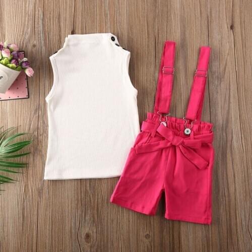 2PCS Toddler Kids Baby Girl Summer Clothes Sleeveless Turtleneck Knited Tops+Overall Shorts Pants Outfits Set