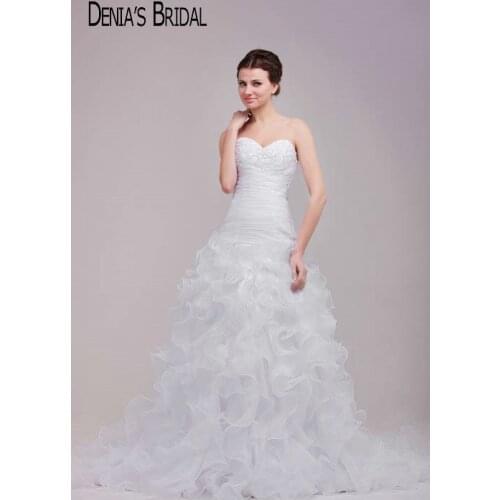 2017 Mermaid Wedding Dresses Sweetheart Neck Applique Beaded Ruffles Ruched Flowers Court Train Orangza Bridal Gowns Custom Made