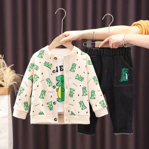 2021 Spring Autumn Toddler Baby Girls Boys Clothing Sets Cartoon Monster Cotton Coat+Shirt+Jeans 3pcs Casual Kids Sports Outfits