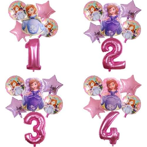 6pcs Princess Sofia Girl Birthday Theme Party Decor Foil Helium Balloons Air Globos Kid Toys Baby Shower Inflatable Toys Number