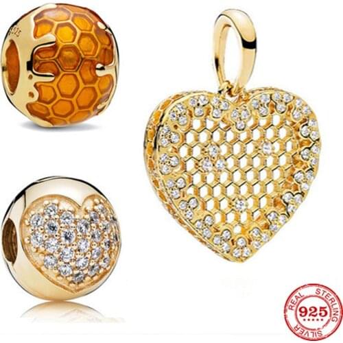 925 sterling silver heart-shaped honeycomb bee pendant DIY beads suitable for original pandora Charm bracelet female jewelry