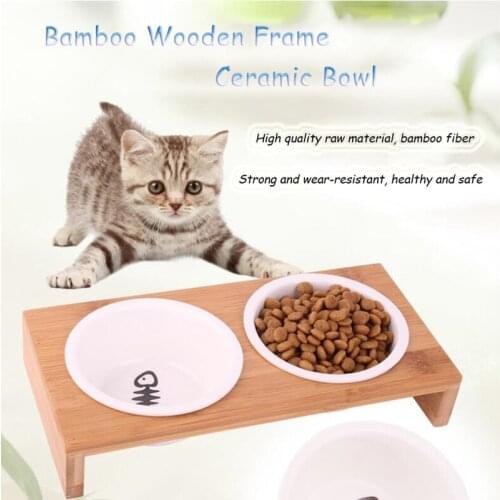 TECHOME Bamboo Frame Pet Ceramic Bowl Single Wood Bowl Double Ceramic Bowls Pet Feeders Dog Ceramic Bowls Cat Dog Feeders Bowl