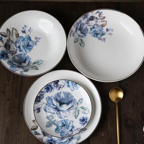 Watercolor Blue Flowers Golden Edge Ceramic Western Dish/Dessert Plate/Large Soup Plate