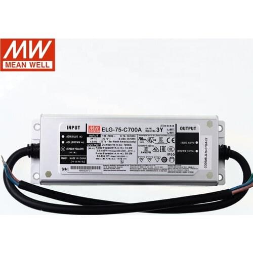 MEAN WELL ELG-75-C700A-3Y 75W 700mA 53~107V Constant Current led driver 110V/220VAC waterproof IP65 Adjustable LED Power Supply