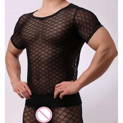 Fashion Mens Sexy Singlet Plaid Transparent Mesh T Shirts Gay Male Exotic Tshirt Club Wear Fetish Sleepwear T-shirt Undershirt
