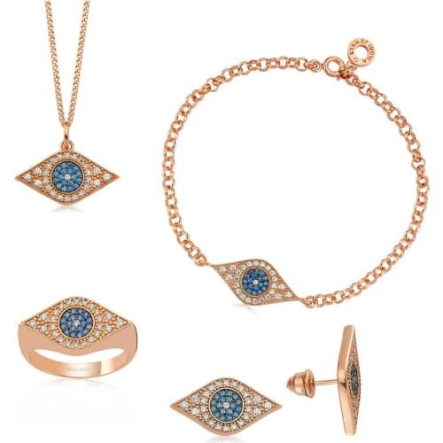 Valori Jewels Blue Evil Eye, Zirconia White And Fancy Blue Gemstone, Rose Gold Plated, Sterling Silver Full Set