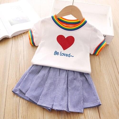 New Lovely Girls Skirt Clothes Baby Cute Rainbow Stripe Round Neck Short Sleeve Top + Culottes Set Kids Clothing Sets 1 6T