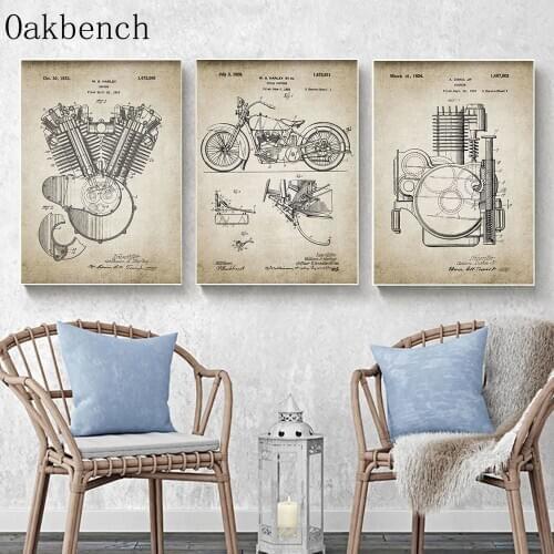 Engine Patent Wall Art vintage Prints Poster Motorcycle Artwork Canvas Art Painting Wall Pictures For Living Room Home Decor