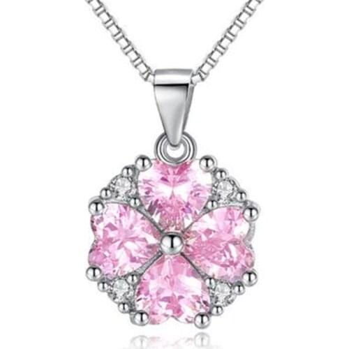 Popular Pink Clover Necklace For Women Pendant Choker Accessories Trendy 925 Silver Chain On Neck Girls Clavicle Necklaces Lady