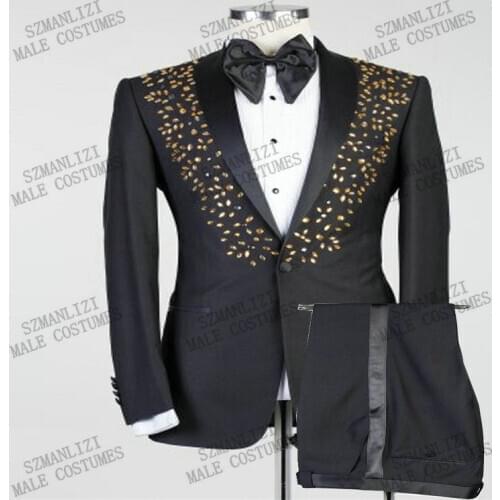 2021 Luxury 2-Piece Men Suits Crystal Wedding Tuxedos Party Slim Fit Formal Business For Best Man Suits Peaked Lapel Blazer Suit