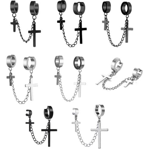 Harajuku Punk Cool Chain Earrings For Women Men Double Cross Earrings Stainless Steel No Piercing Jewelry Party Gifts brincos