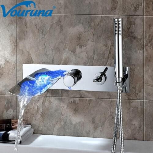 No Need Battery Water Flow Powered Led Light Luxurious Waterfall Bath Shower Mixer Taps Modern Wall Mounted Bathtub Faucets