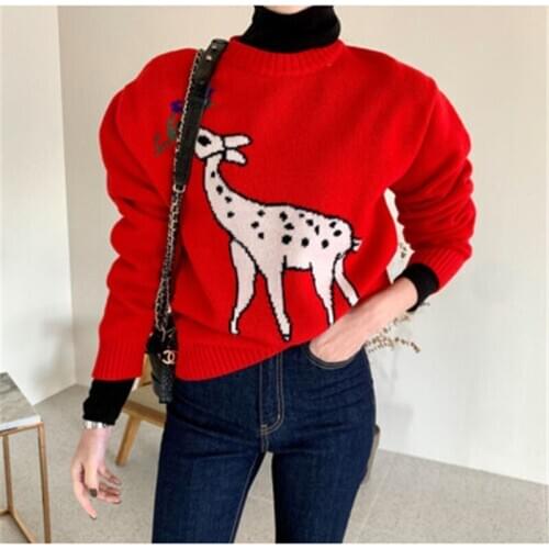 Women Red Knitted Sweater Fall Winter Casual O-neck Cute Deer Pattern Pullovers For Female Christmas Elements Warm Jumpers Tops