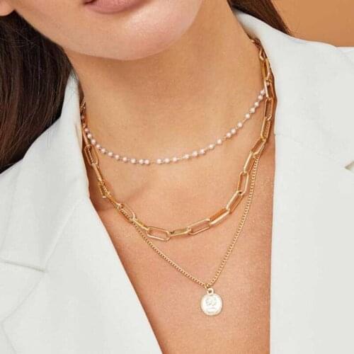 Three Layered Imitation Pearls Human Portrait Necklace Retro Sweater Clavicle Chain Necklace Goth Jewelry Gift for Women