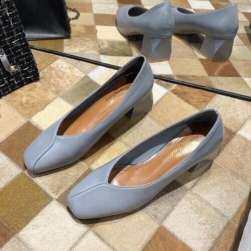 PUPUDA Platform Shoes Women Slip On Chunky Heels New Casual Leather High Heels Autumn Female Shoes Square Toe Square Heel Shoes