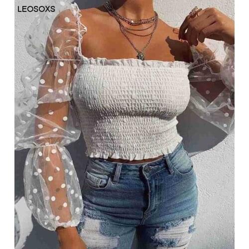 Womens Summer 2021 New Polka Dot Square Neck Sexy Slim Fit All-match Lazy Hedging Temperament Commuter Mesh T-shirt