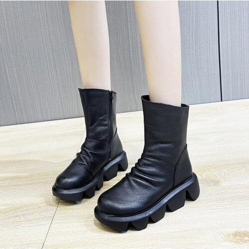 OUKAHUI 2021 Autumn Genuine Leather Flat Platform Boots For Women Fashion Heighten 5.5cm Folds Zipper Ladies Short Boots Winter