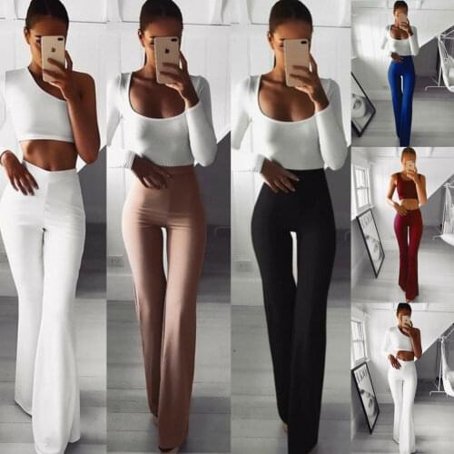 Women Retro Flared Pants Plain Solid Color High Waist Buttons Casual Wide Leg Trousers Work OL Pants Plus Size
