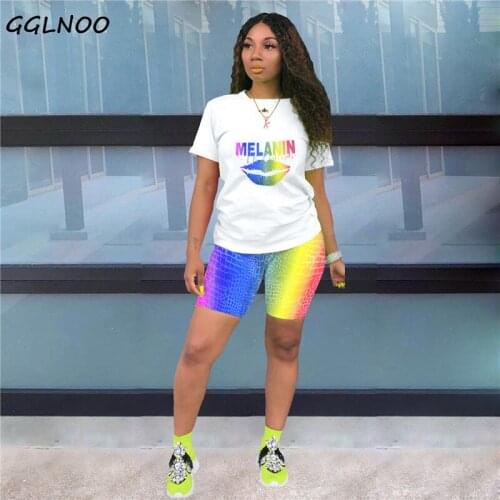 GGLNOO Short Shorts T-shirt Set Fashion O Collar Short Sleeve Cartoon Printed Tshirt Women 2 Piece Sets Biker Shorts Outfits