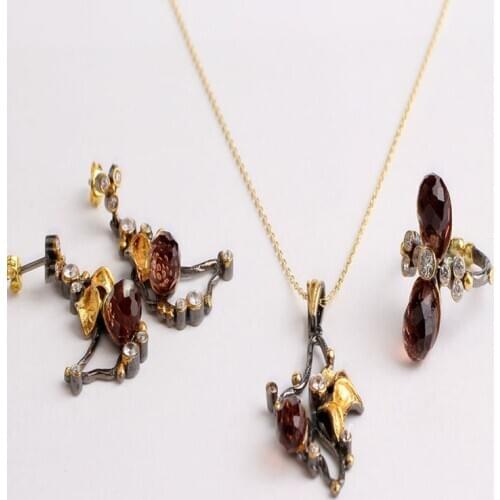 Zultanite Jewelry Set Gold Plated, Woman Delicate Silver Zultanite Ring+Necklace+Earrings, Handmade Woman Silver