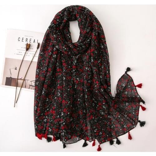 2020 Women Fashion Small Polka Floral Tassel Viscose Shawl Scarf Print Voile Wrap Headband Bufandas Muslim Hijab Sjaal 180*90Cm
