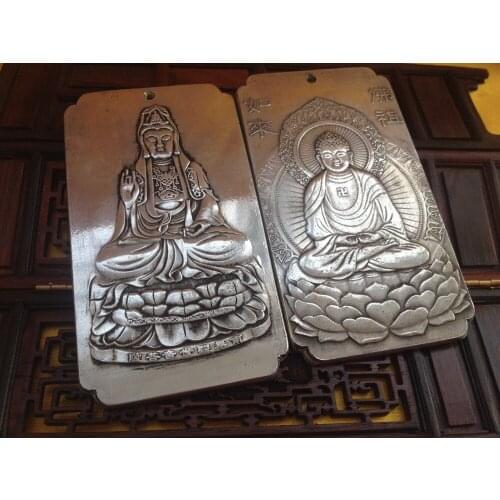 2PCS Elaborate old Tibetan silver kwan yin buddha dragon statue amulet auspicious plates